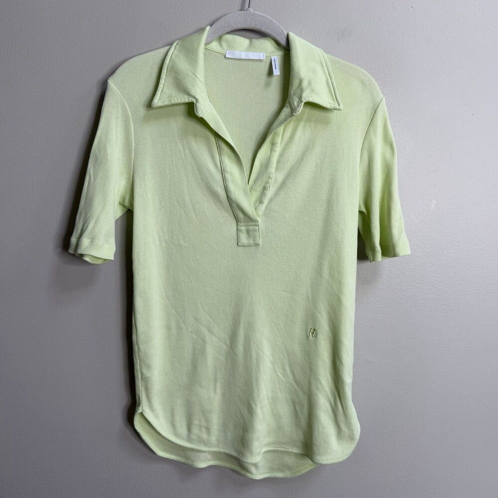Helmut Lang Lime Green Short Sleeve Embroidered Logo Ribbed Polo Shirt Small